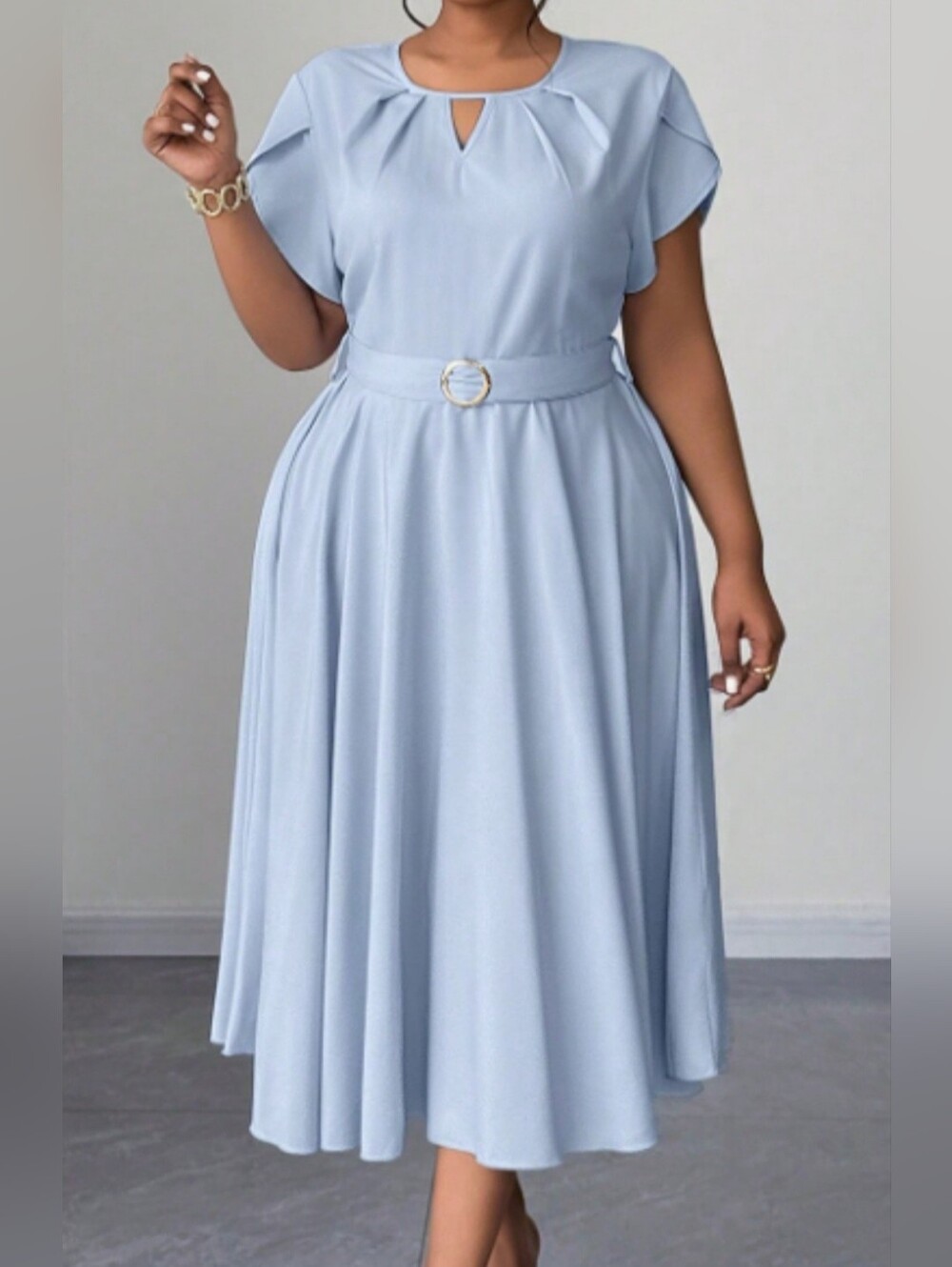 Elegant Light Blue Belted Midi Dress - Women